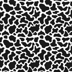 Cow skin texture, black and white spot repeated seamless pattern. Animal print dalmatian dog stains. Vector