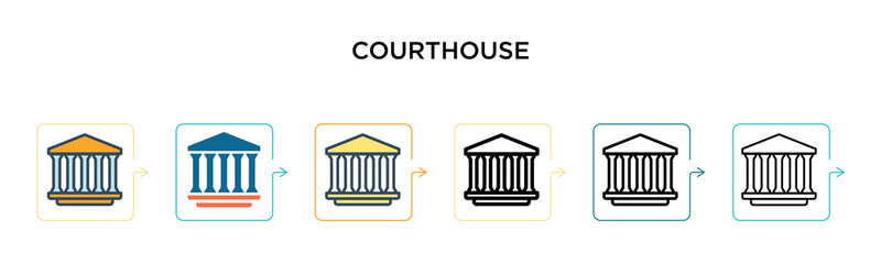 Courthouse vector icon in 6 different modern styles. Black, two colored courthouse icons designed in filled, outline, line and stroke style. Vector illustration can be used for web, mobile, ui