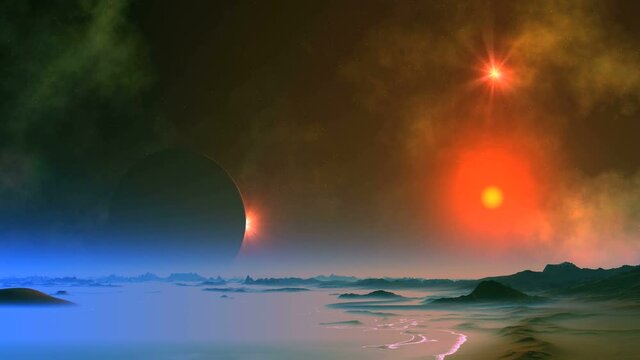 Red Sun over the Alien Sea. In the dark sky, bright stars, a nebula and a planet (moon) above the horizon. The bright sun sets . The landscape is flooded with blue light.