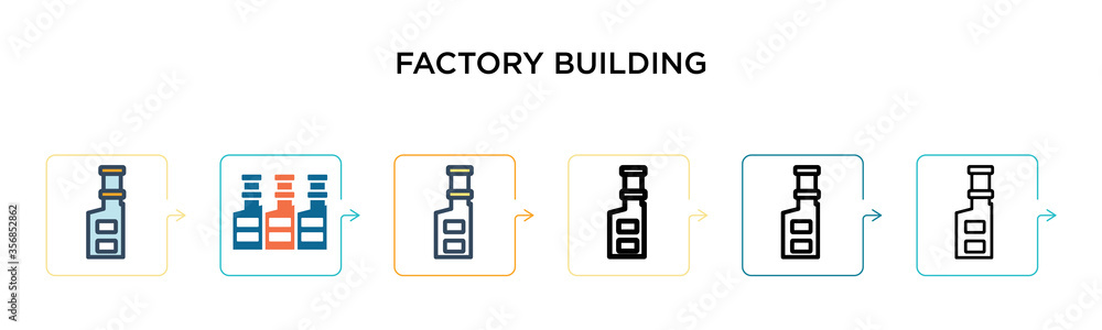 Poster factory building vector icon in 6 different modern styles. black, two colored factory building icons