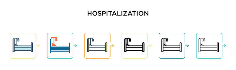 Hospitalization vector icon in 6 different modern styles. Black, two colored hospitalization icons designed in filled, outline, line and stroke style. Vector illustration can be used for web, mobile,