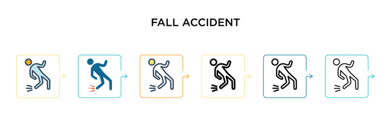 Naklejka premium Fall accident vector icon in 6 different modern styles. Black, two colored fall accident icons designed in filled, outline, line and stroke style. Vector illustration can be used for web, mobile, ui