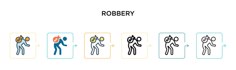 Obraz premium Robbery vector icon in 6 different modern styles. Black, two colored robbery icons designed in filled, outline, line and stroke style. Vector illustration can be used for web, mobile, ui
