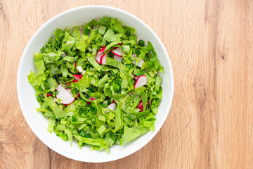 Salad with fresh radish slices, cucumbers and lettuce