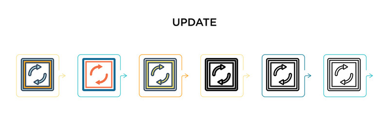 Update vector icon in 6 different modern styles. Black, two colored update icons designed in filled, outline, line and stroke style. Vector illustration can be used for web, mobile, ui