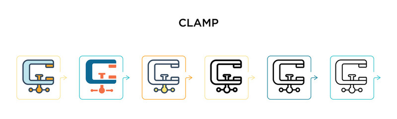 Fototapeta premium Clamp vector icon in 6 different modern styles. Black, two colored clamp icons designed in filled, outline, line and stroke style. Vector illustration can be used for web, mobile, ui