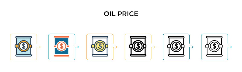 Oil price vector icon in 6 different modern styles. Black, two colored oil price icons designed in filled, outline, line and stroke style. Vector illustration can be used for web, mobile, ui