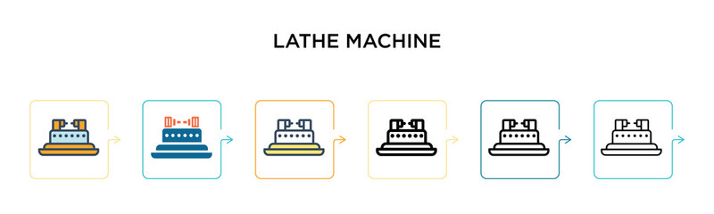 Lathe machine vector icon in 6 different modern styles. Black, two colored lathe machine icons designed in filled, outline, line and stroke style. Vector illustration can be used for web, mobile, ui