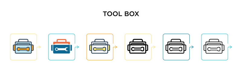 Tool box vector icon in 6 different modern styles. Black, two colored tool box icons designed in filled, outline, line and stroke style. Vector illustration can be used for web, mobile, ui