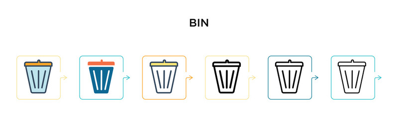 Bin vector icon in 6 different modern styles. Black, two colored bin icons designed in filled, outline, line and stroke style. Vector illustration can be used for web, mobile, ui