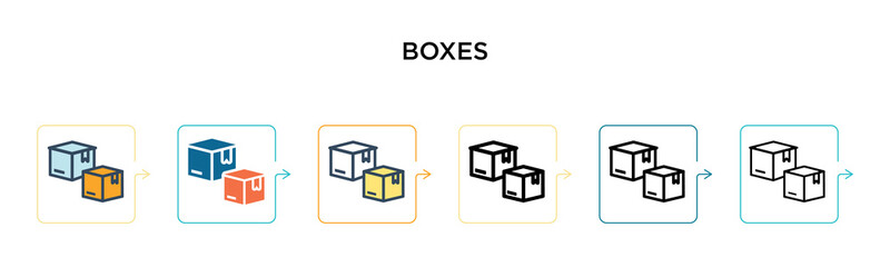 Boxes vector icon in 6 different modern styles. Black, two colored boxes icons designed in filled, outline, line and stroke style. Vector illustration can be used for web, mobile, ui