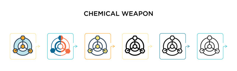 Chemical weapon vector icon in 6 different modern styles. Black, two colored chemical weapon icons designed in filled, outline, line and stroke style. Vector illustration can be used for web, mobile,