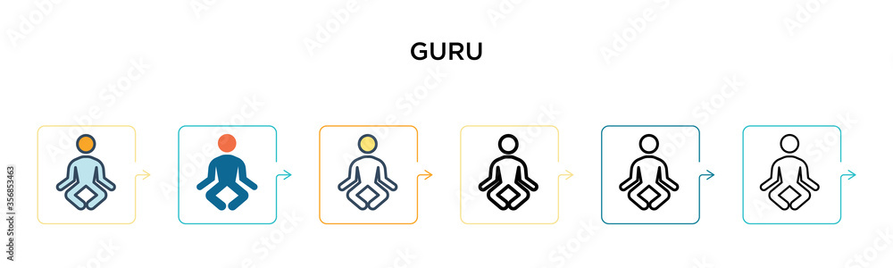 Poster guru vector icon in 6 different modern styles. black, two colored guru icons designed in filled, out
