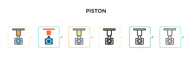 Piston vector icon in 6 different modern styles. Black, two colored piston icons designed in filled, outline, line and stroke style. Vector illustration can be used for web, mobile, ui