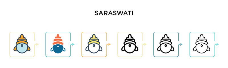 Saraswati vector icon in 6 different modern styles. Black, two colored saraswati icons designed in filled, outline, line and stroke style. Vector illustration can be used for web, mobile, ui