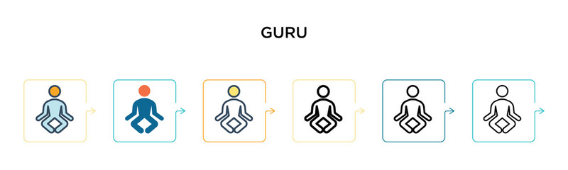 Guru vector icon in 6 different modern styles. Black, two colored guru icons designed in filled, outline, line and stroke style. Vector illustration can be used for web, mobile, ui