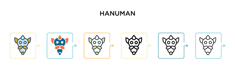 Hanuman vector icon in 6 different modern styles. Black, two colored hanuman icons designed in filled, outline, line and stroke style. Vector illustration can be used for web, mobile, ui