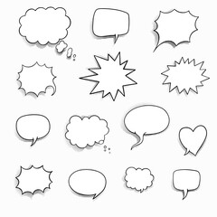 Set of empty comic speech bubbles with halftone shadows. Black and white speech balloons