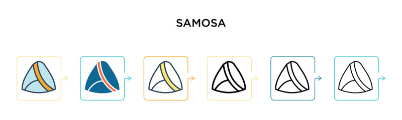 Samosa vector icon in 6 different modern styles. Black, two colored samosa icons designed in filled, outline, line and stroke style. Vector illustration can be used for web, mobile, ui