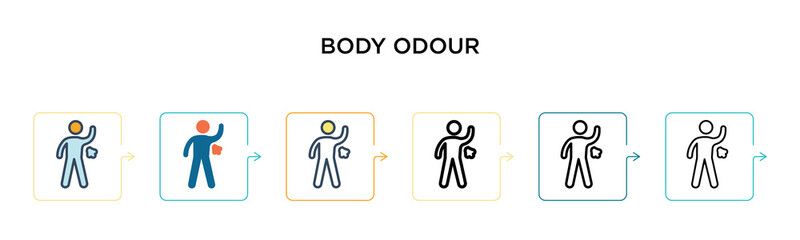Body odour vector icon in 6 different modern styles. Black, two colored body odour icons designed in filled, outline, line and stroke style. Vector illustration can be used for web, mobile, ui