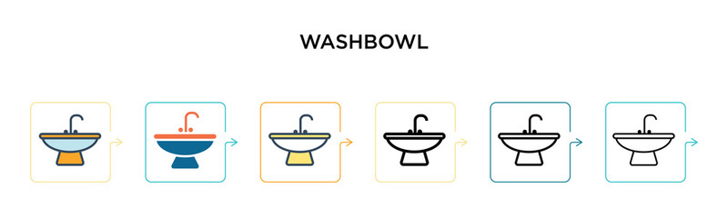 Washbowl vector icon in 6 different modern styles. Black, two colored washbowl icons designed in filled, outline, line and stroke style. Vector illustration can be used for web, mobile, ui