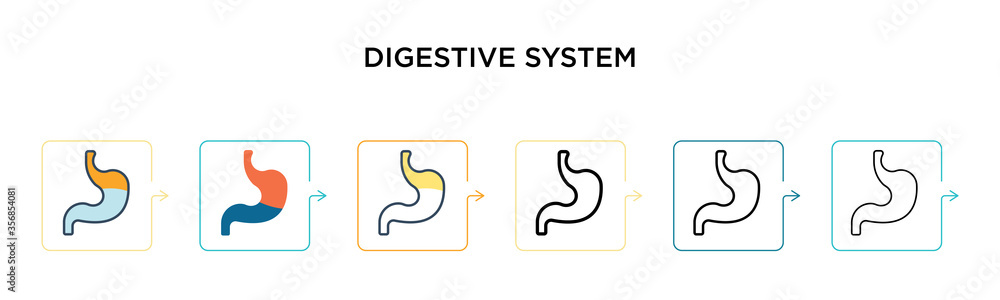 Poster digestive system vector icon in 6 different modern styles. black, two colored digestive system icons