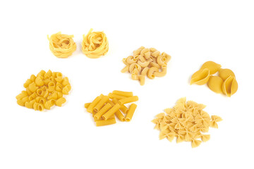 Collection of italian pasta portion isolated on white background.