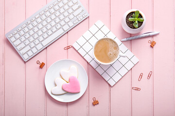 Flat lay composition with cup of coffee on wooden background