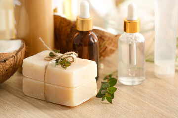 Natural cosmetics on wooden table