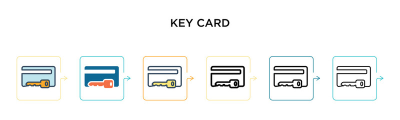 Obraz premium Key card vector icon in 6 different modern styles. Black, two colored key card icons designed in filled, outline, line and stroke style. Vector illustration can be used for web, mobile, ui