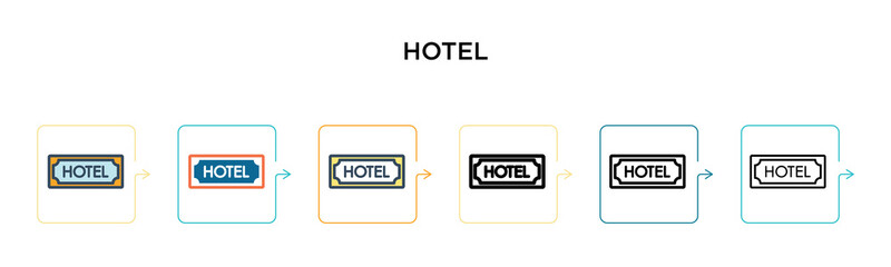 Hotel sign vector icon in 6 different modern styles. Black, two colored hotel sign icons designed in filled, outline, line and stroke style. Vector illustration can be used for web, mobile, ui