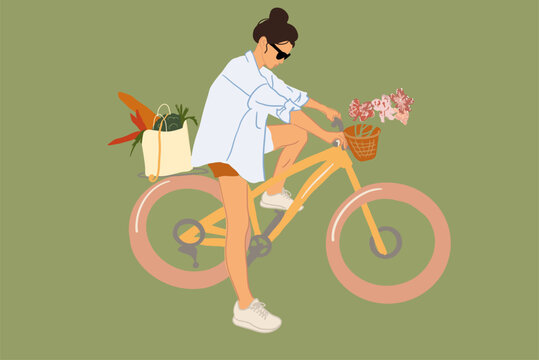 Young and stylish woman on a bicycle with flowers and groceries on the green background. Vector illustration in flat style