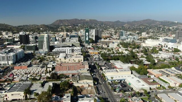 Hollywood Vine Street and Santa Monica Aerial Shot Backward