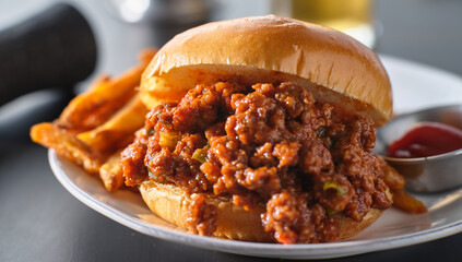 sloppy joe sandwich on plate with french fries and ketchup