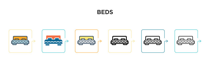 Beds vector icon in 6 different modern styles. Black, two colored beds icons designed in filled, outline, line and stroke style. Vector illustration can be used for web, mobile, ui