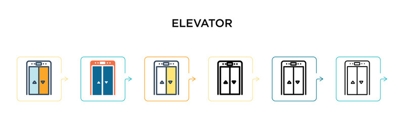 Elevator vector icon in 6 different modern styles. Black, two colored elevator icons designed in filled, outline, line and stroke style. Vector illustration can be used for web, mobile, ui