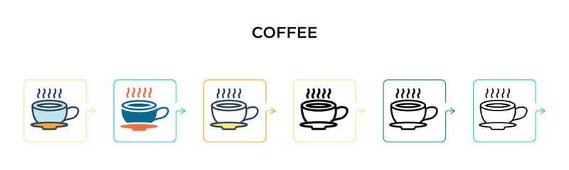 Coffee vector icon in 6 different modern styles. Black, two colored coffee icons designed in filled, outline, line and stroke style. Vector illustration can be used for web, mobile, ui