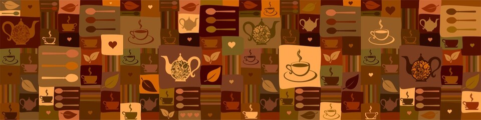 Black tea. Seamless pattern with tea pots and tea cups. Horizontal banner. Good for textile fabric design, wrapping paper, website wallpapers, textile, wallpaper and apparel. - obrazy, fototapety, plakaty