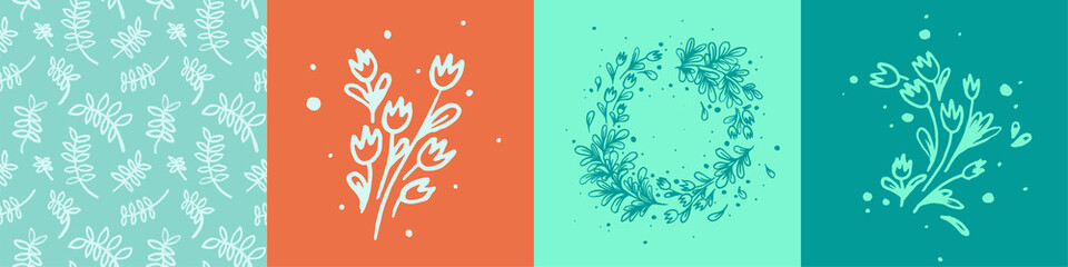Rustic wedding decor. Vector herbal wreaths with hand-drawn flowers. Herb wreath Illustration for florist logo shop, boho ornament. Floral emblem for rural sign, chaplet symbol. Tulip garland. 