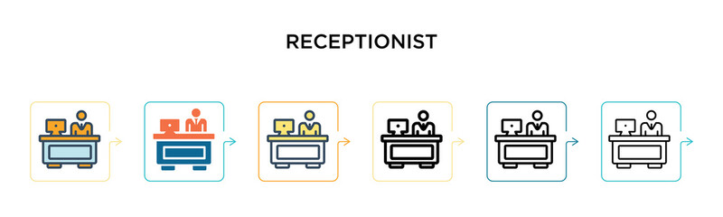 Receptionist vector icon in 6 different modern styles. Black, two colored receptionist icons designed in filled, outline, line and stroke style. Vector illustration can be used for web, mobile, ui