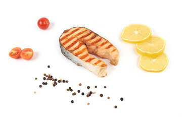 grilled salmon steak fillet, isolated on white background
