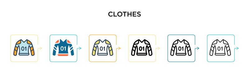 Clothes vector icon in 6 different modern styles. Black, two colored clothes icons designed in filled, outline, line and stroke style. Vector illustration can be used for web, mobile, ui