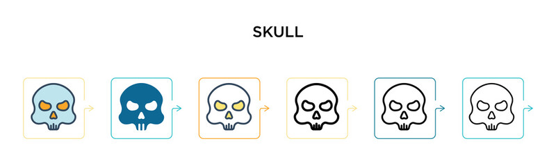 Skull vector icon in 6 different modern styles. Black, two colored skull icons designed in filled, outline, line and stroke style. Vector illustration can be used for web, mobile, ui