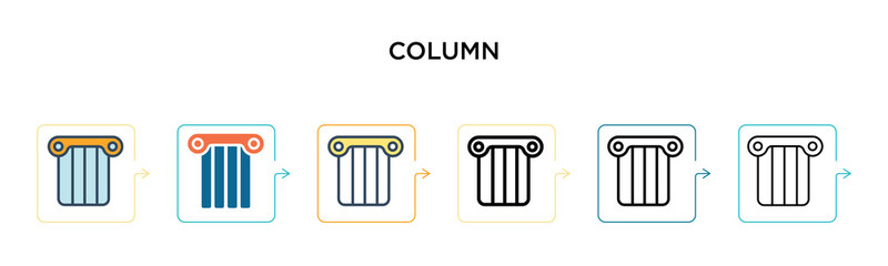 Column vector icon in 6 different modern styles. Black, two colored column icons designed in filled, outline, line and stroke style. Vector illustration can be used for web, mobile, ui