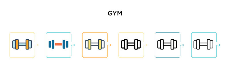 Gym vector icon in 6 different modern styles. Black, two colored gym icons designed in filled, outline, line and stroke style. Vector illustration can be used for web, mobile, ui