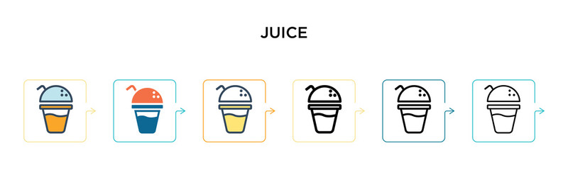 Juice vector icon in 6 different modern styles. Black, two colored juice icons designed in filled, outline, line and stroke style. Vector illustration can be used for web, mobile, ui