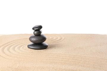 Fototapeta na wymiar Stones on sand with lines against white background. Zen concept