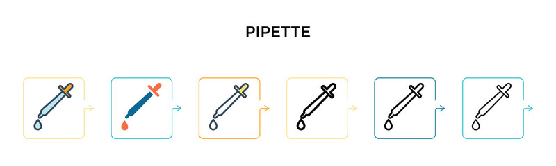 Pipette vector icon in 6 different modern styles. Black, two colored pipette icons designed in filled, outline, line and stroke style. Vector illustration can be used for web, mobile, ui