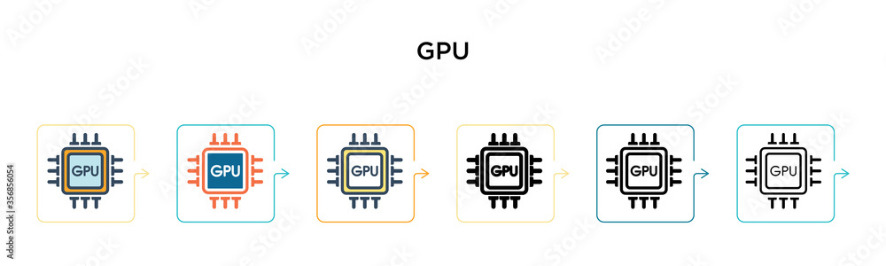 Poster gpu vector icon in 6 different modern styles. black, two colored gpu icons designed in filled, outli