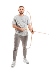 Handsome young archer with bow on white background